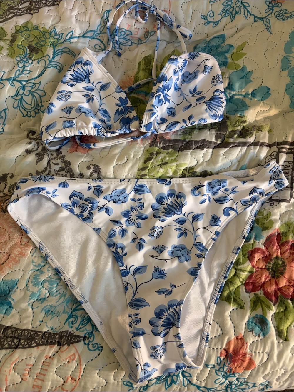 Women’s ' White & Blue Floral Bikini Swim Set with blue cover up